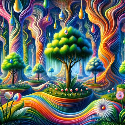 The primary subject of the image is a tree, which is surrounded by a vibrant and colorful landscape. The setting includes a forest with trees and flowers, creating a lush and serene atmosphere. The visual style of the image is a combination of digital art and illustration, with a focus on vivid colors and intricate details. The colors and mood of the image are predominantly bright and cheerful, with a sense of wonder and imagination.